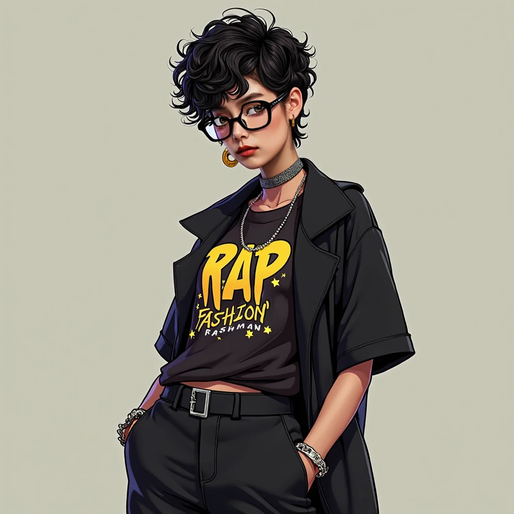 one rap fashion girl ,short hair,white skin ,black curl hair,Wearing black-rimmed glasses