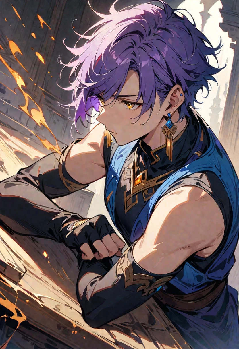 masterpiece, best quality,1 boy, male focus, alone, Gloves, sleeveless shirt, purple hair, yellow eyes, sleeveless, Bangs, black Gloves, fingerless Gloves, swept Bangs, bare shoulders, short hair, elbow Gloves, ((((((jewelry, earrings)))))), blue adventure clothes, fantasy design, fantasy style