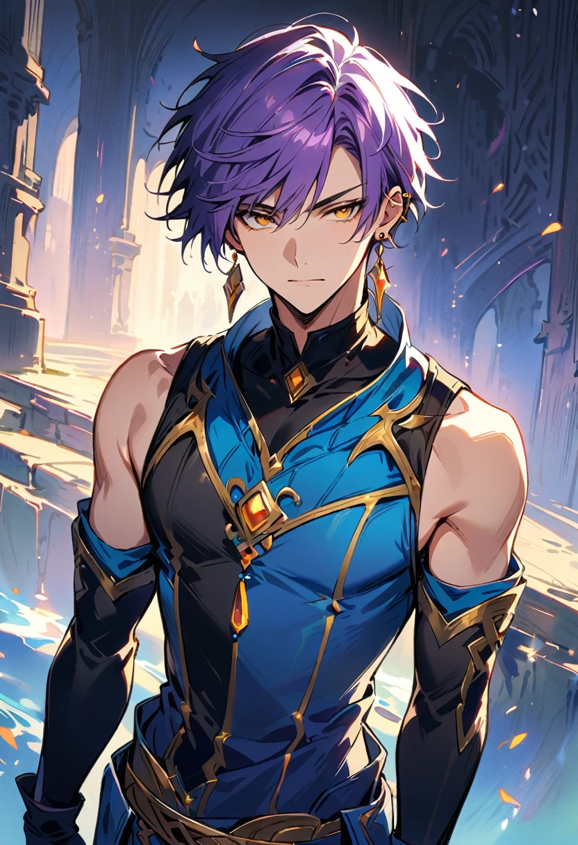 masterpiece, best quality,1 boy, male focus, alone, Gloves, sleeveless shirt, purple hair, yellow eyes, sleeveless, Bangs, black Gloves, fingerless Gloves, swept Bangs, bare shoulders, short hair, elbow Gloves, ((((((jewelry, earrings)))))), blue adventure clothes, fantasy design, fantasy style