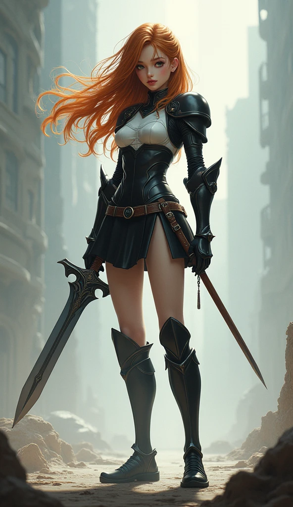 Theme of the game Final Fantasy. Image of a bronze-haired girl standing holding her favorite sword, wearing light armor in black and white, pastel colors, and dramatic tones. A masterpiece with the highest resolution , Image type semi-realistic