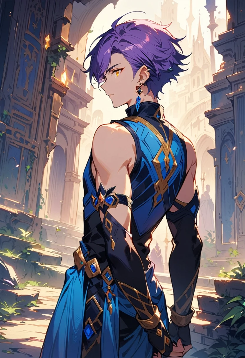 masterpiece, best quality,1 boy, male focus, alone, Gloves, sleeveless shirt, purple hair, yellow eyes, sleeveless, Bangs, black Gloves, fingerless Gloves, swept Bangs, bare shoulders, short hair, elbow Gloves, ((((((jewelry, earrings)))))), blue adventure clothes, fantasy design, fantasy style