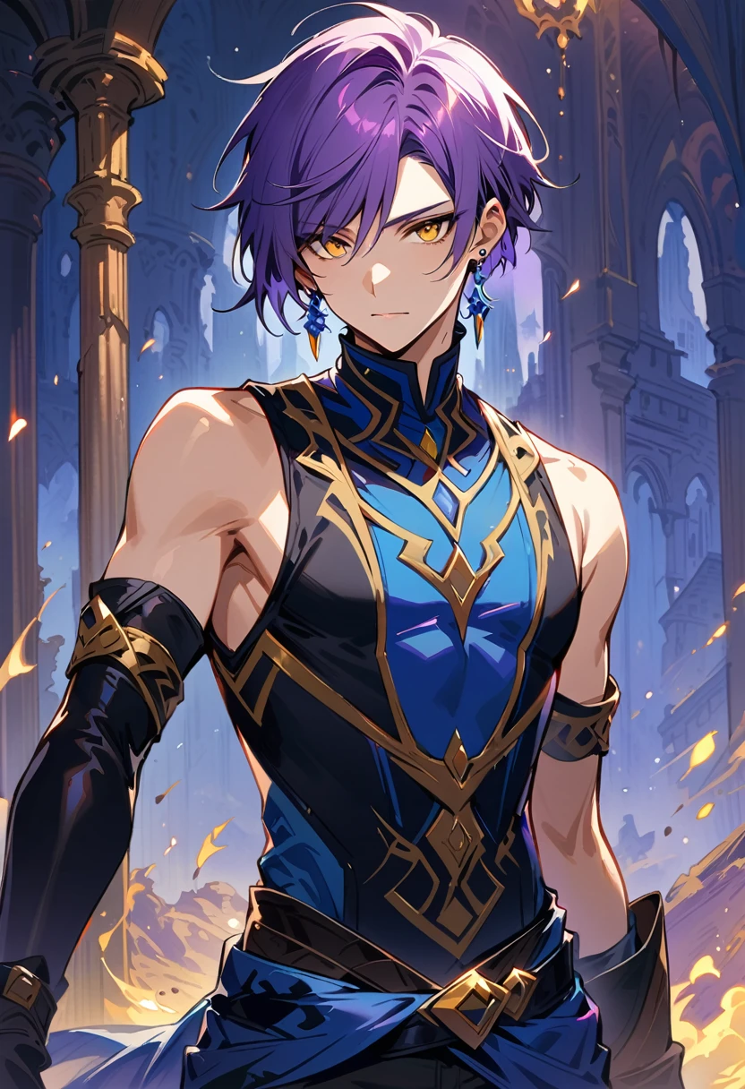 masterpiece, best quality,1 boy, male focus, alone, Gloves, sleeveless shirt, purple hair, yellow eyes, sleeveless, Bangs, black Gloves, fingerless Gloves, swept Bangs, bare shoulders, short hair, elbow Gloves, ((((((jewelry, earrings)))))), blue adventure clothes, fantasy design, fantasy style