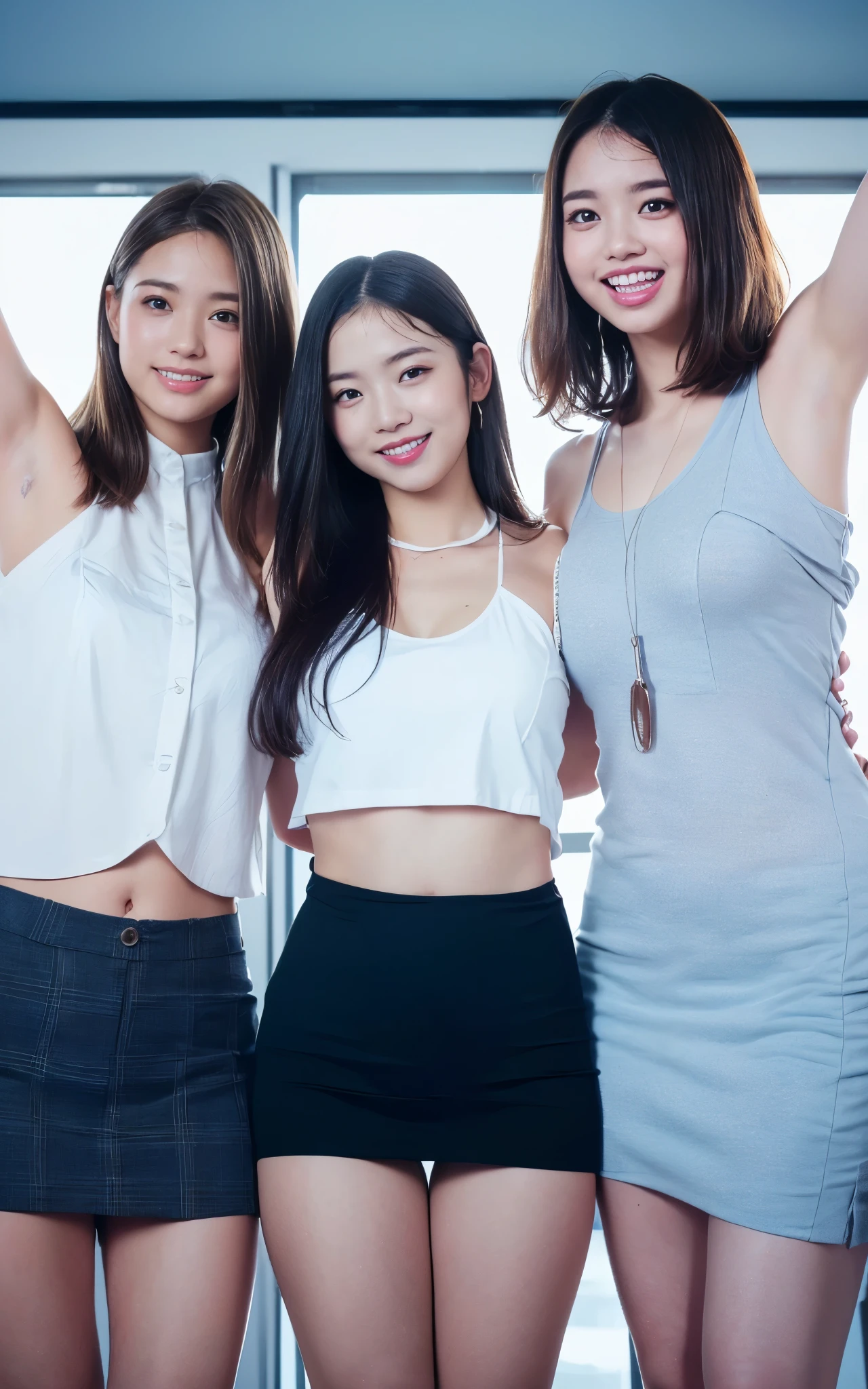 masterpiece, Better Quality, hight resolution, ((Photorealsitic:1.4, Raw photography, 超A high resolution,Top image quality: 1.4)), ((Do not split)),((upper body 1.5)), Beautiful detailed eyes, Natural Color Lip, ((A big smile:1.5)), ((Random and cute curly hair)), ((Random breast sizes from large to medium:1.3)), ((random fall clothes:1.6)), ((Random Lightwear:1.2)),((breastsout、under look eyeole on the arm:0.9)), ((peer in from below)), ((Hotel)), ((Random and cute facial expressions)),, ((2 girls、Three people standing side by side:1.5)) very detailed and professional lighting、 ((Random and cute facial expressions:1.5))、 ((Waki Display:1.5))、 ((I'm showing off my waki:1.5))、 ((thigh visible:1.5))