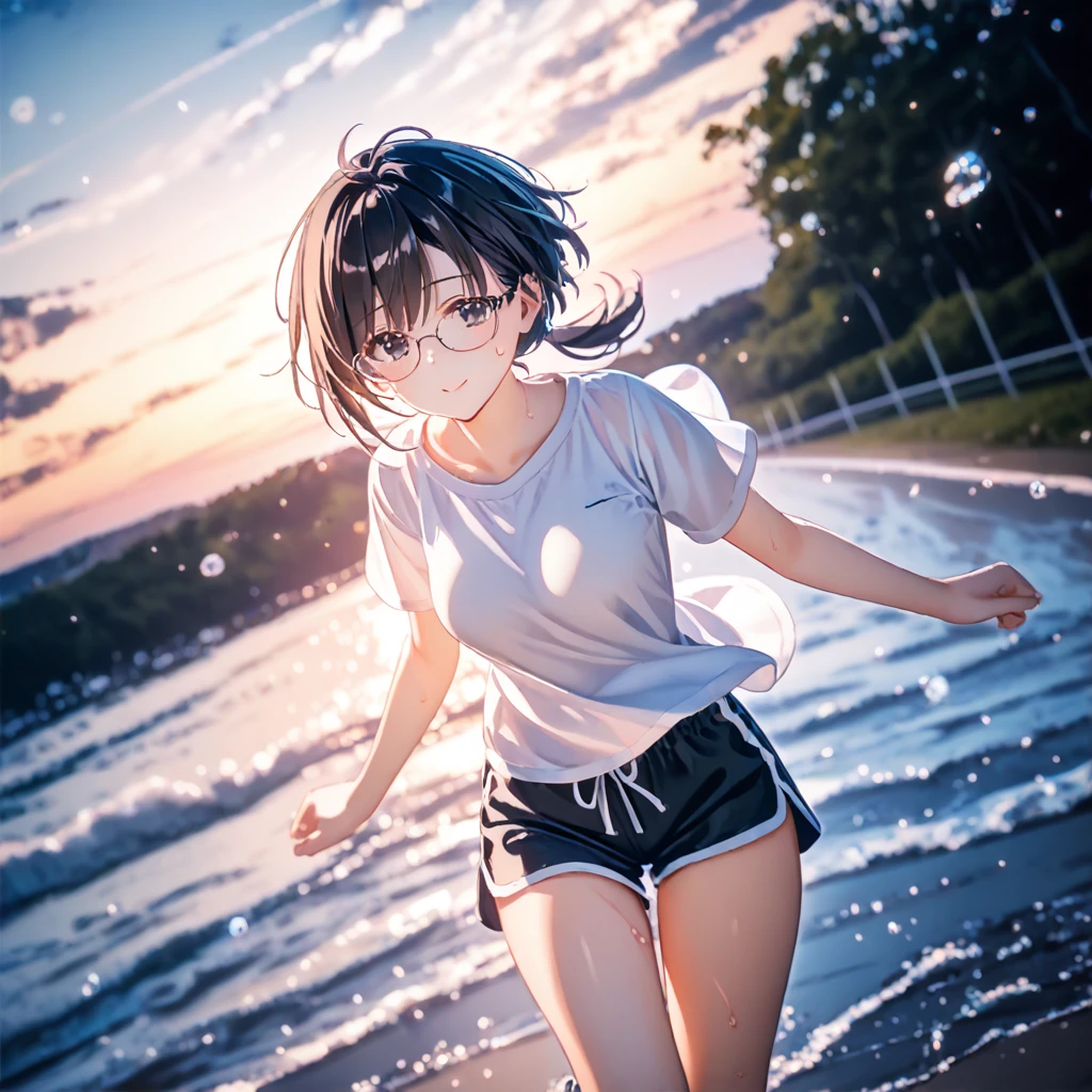  best quality, masterpiece, score_9,,,break,1girl, tomboy, glasses, short hair, low ponytail, medium breasts, black eyes,  beautiful detailed eyes,shorts, sweat, sleepily, outdoors, wind, (Detailed background), (Detailed Lighting),,break,(clear line illustration:1.2), super detailed skin,very high resolution, very aesthetic, Best sexual lighting powered by famous artist, 8k, 16k, cute picture,beauty illustration,photoshop_(medium),,(Detailed Lighting),best anime 8k konachan wallpaper, pixiv contest winner,