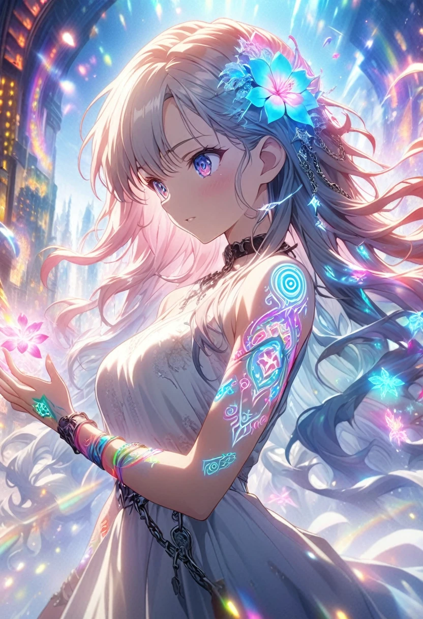 masterpiece, best quality, extremely detailed CG unity 8k wallpaper, Anime screenshot, artistic illustration of a female anime character with glowing neon flower and chain tattoos decorated in spirals all over her body. The tattoo on the arm is mixed with white and red, rainbow and white light, emitting neon light. With flowing hair, this scene has a fantastic soft-focus effect, highlighting the magical glow of the tattoo. The background is a dark building.