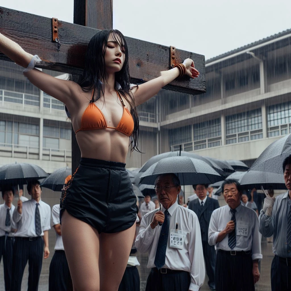 Photograph the upper body、1 girl, realisitic, Raw photo, japanaese girl, (fullnude:1.9), (beautiful countenance:1.4), 18year old, bobhair, Black hair、(Crucifixion to a burning cross engulfed in flames on stage:1.8), (Tied to a cross with barbed wire:1.5), not any dressed、(Crowd offering prayers:1.6)、Witch trials、Witch hunt