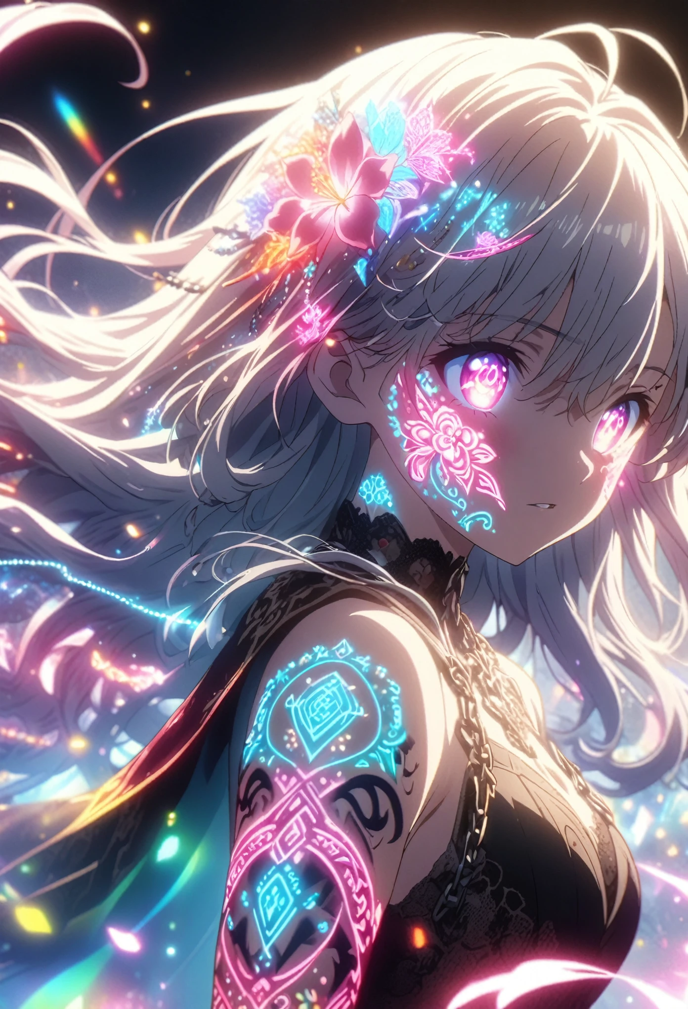 Anime screenshot, artistic illustration of a female anime character decorated with glowing neon flower and chain tattoos all over her face and body. The tattoo on the arm is mixed with white and red, rainbow and white light, emitting neon light. With flowing hair, this scene has a fantastic soft-focus effect, highlighting the magical glow of the tattoo. The background is a dark building.