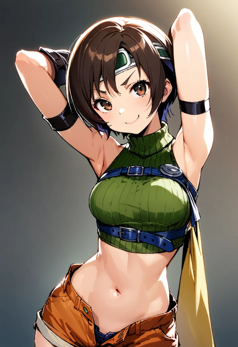 score_9, score_8_up, score_7_up,best quality,aesthetic,very aesthetic,masterpiece,(high-resolution), ,BREAK , navel focus.,mediumshot,(arms up,arms behind head,arms in hair),looking_at_viewer,1girl, yuffie kisaragi, final fantasy, short hair,headband,navel,sleeveless,turtleneck,brown eyes,sleeveless turtleneck,solo,breasts,looking at viewer,smile,gloves,crop top,brown hair,shorts,midriff,,sweater,open fly,armor,fingerless gloves,ribbed sweater,medium breasts,,smile,smug,