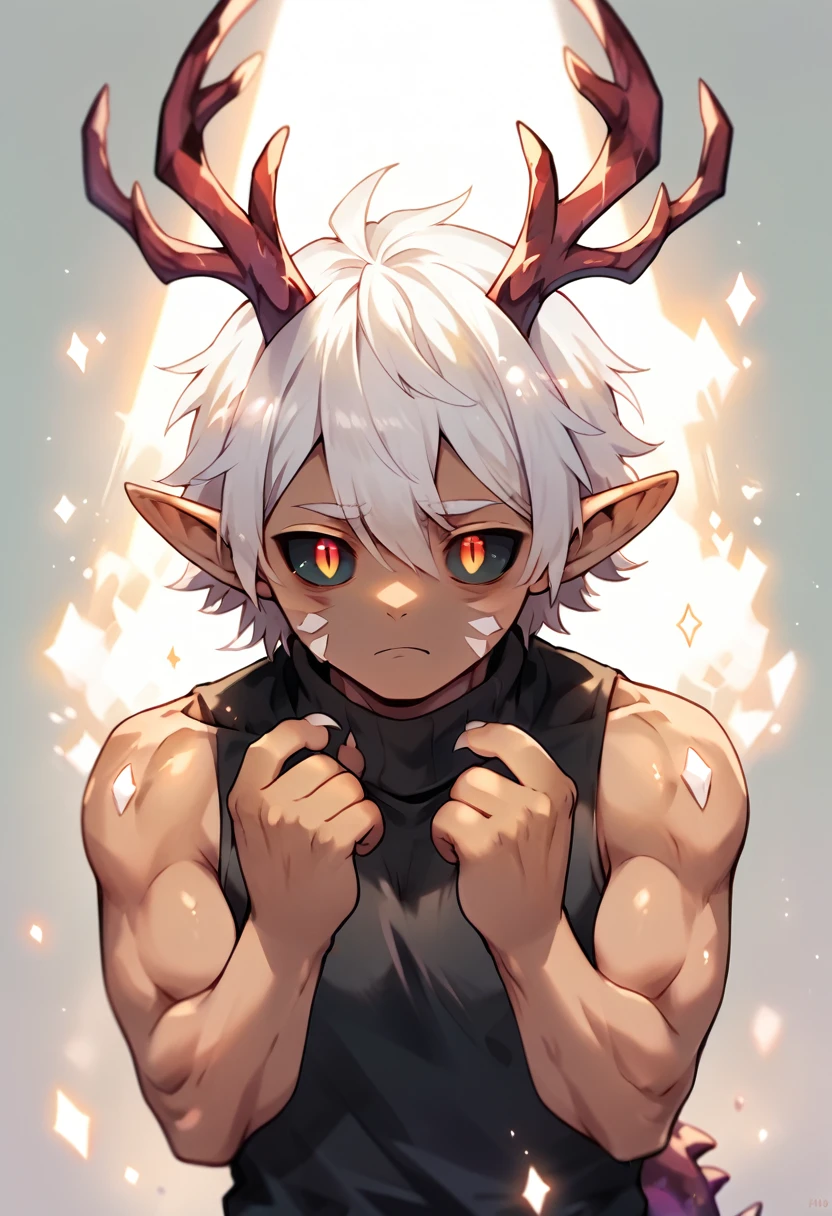 Solo, male teen, Character fusion: Nibelung fused with nidhoggr, odin and sun wukong, tall tanned man with wild unruly white hair, bangs on face, bangs, ((iridescent irises)), black sclera on eyes, long voluminous hair, spiky hair, pointy ears, fit , clawed fingers, dragon tail, open haori, turtleneck tanktop, dark crystal antlers, exhausted expression, khaenr'ah abyss, draconic person, s9vereign of the abyss, calamity incarnate,  full body