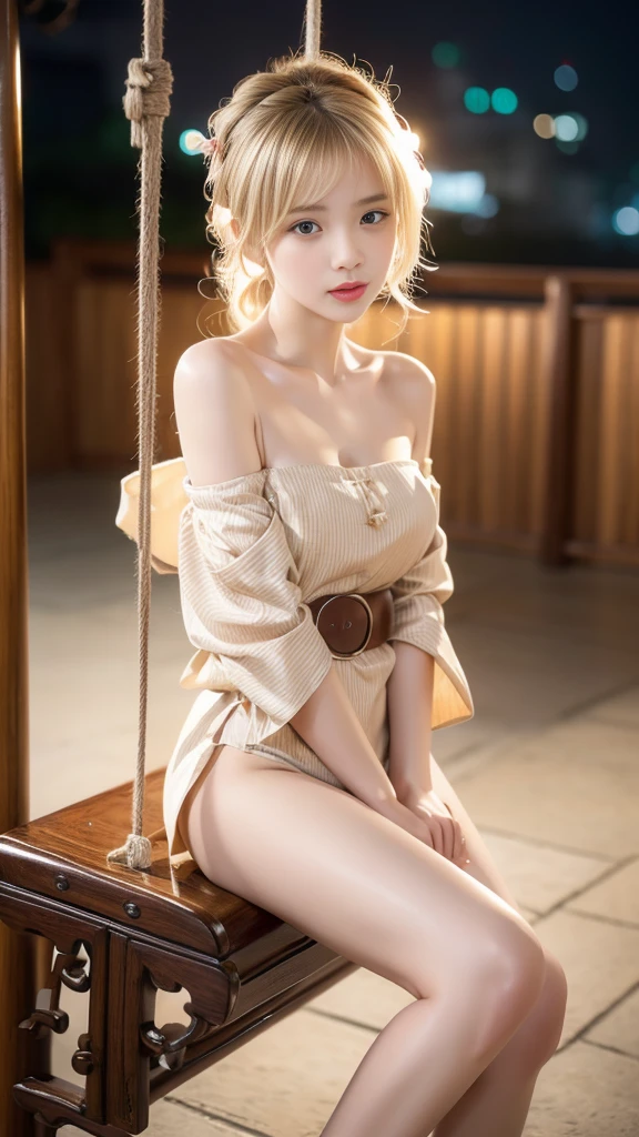 whole body, Shot from random angles, Chinese Beauty, Random Scenes, group photo, elegant, dignified, Slim, Slim waist, curls, Period clothing, Hanfu, Tang Suit, Off-shoulder, Chinese, Floral, pattern, High waist, Beautiful belt, warm light, Warm colors slender legs, night, moonlight, Sitting on a swing, swing, warm light, Warm colors, Dynamic poses, elegant posture, blond hair, Striped hair, Hair accessories, Heart-shaped pupil, cosmetic, A faint smile, Shy, Licking lips, Social realism, Chiaroscuro, Motion Blur, comfort, Sony FE GM, Ultra HD, masterpiece, Textured Skin, Super Detail, Best quality