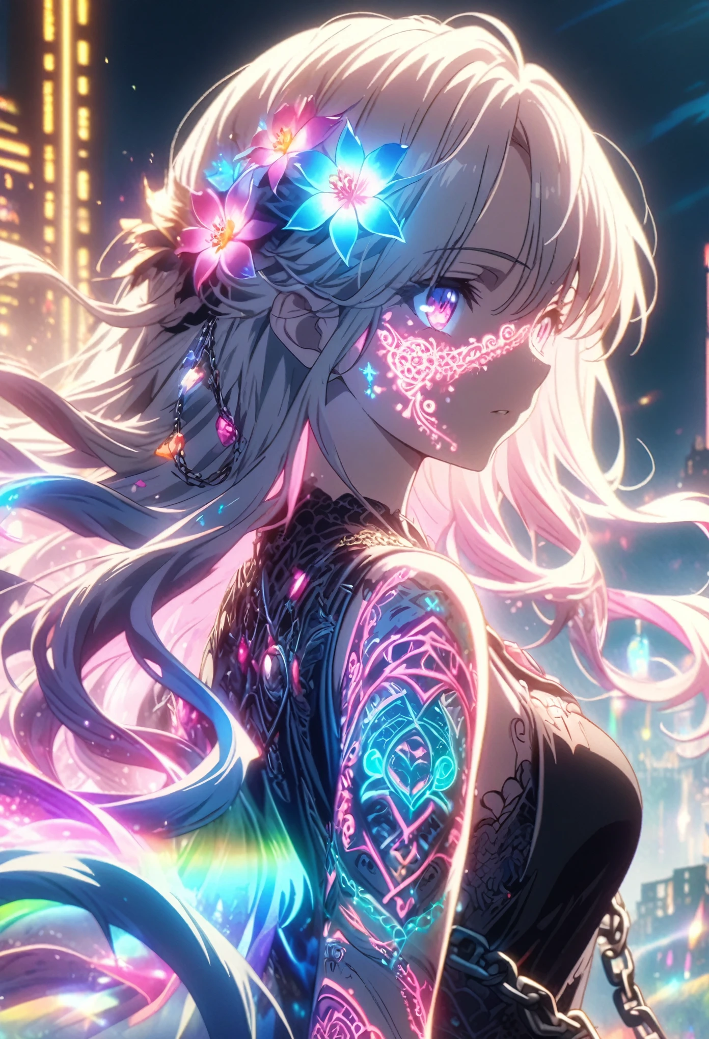 Anime screenshot, artistic illustration of a female anime character with glowing neon flower and chain tattoos decorated in a spiral pattern all over her face and body. The tattoo on the arm is mixed with white and red, rainbow and white light, emitting neon light. With flowing hair, this scene has a fantastic soft-focus effect, highlighting the magical glow of the tattoo. The background is a dark building.