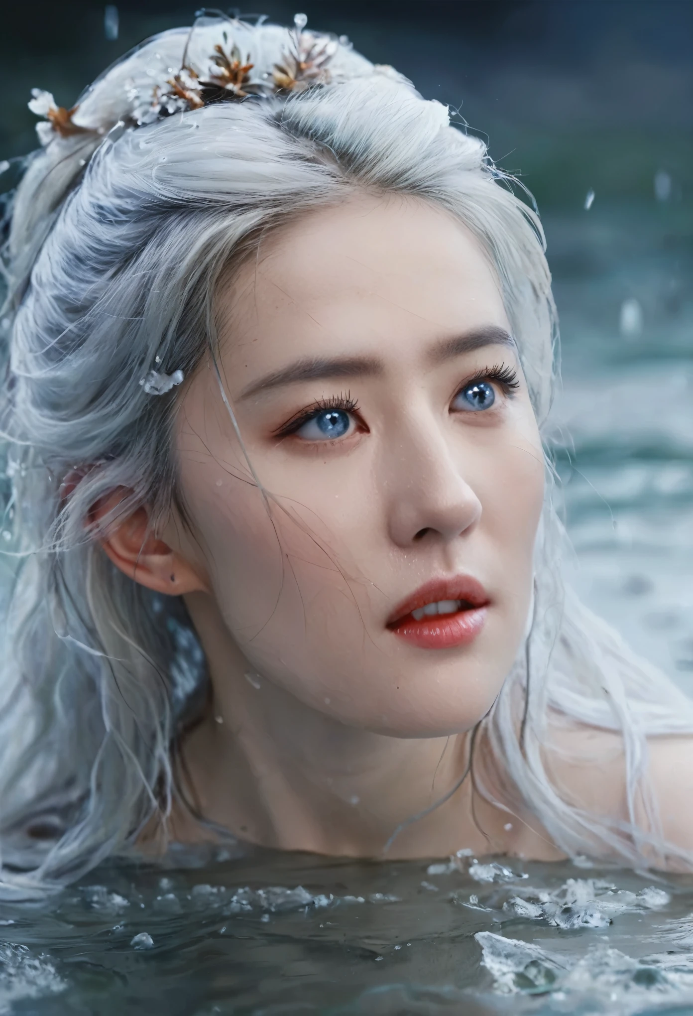 Seven part photos, masterpiece, best quality, Official Art, Extremely detailed CG 8k wallpaper,(Flying petals)(Detailed ice) ,  water晶质感皮肤, Cold expression, White hair, Long hair, Messy hair, blue eyes, Looking at the audience, Extremely refined, water,  ((Beautiful and delicate eyes)), Very detailed, Movie Lighting,((Pretty Face),fine water surface, (Original figure painting), Very detailed, Very detailed,  (Extremely refined), Beautiful and delicate eyes, 