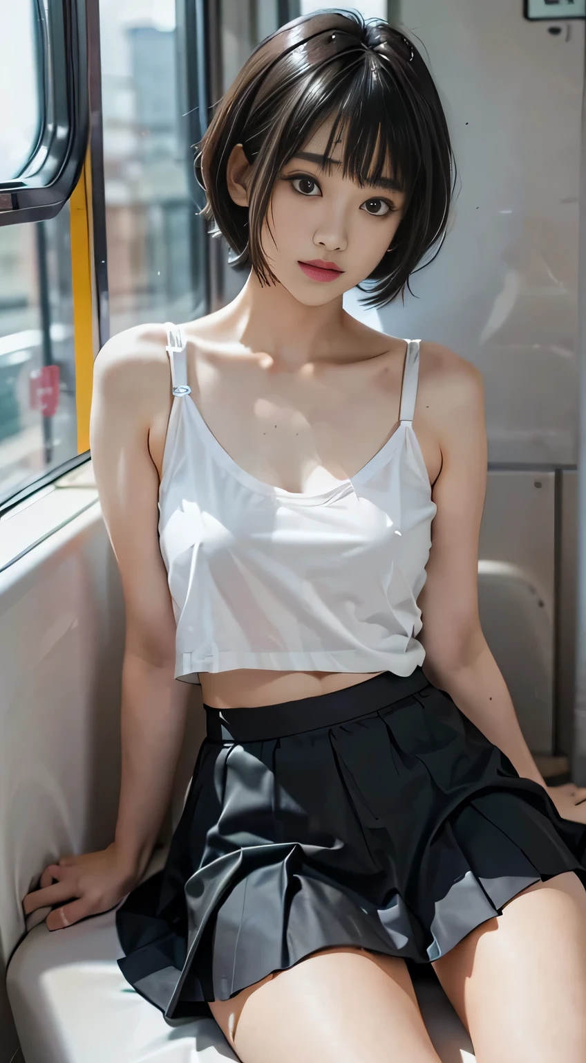 Highest quality,{(Straight black hair)、(Hime cut), (Blunt bangs)、(short hair:1.6)},
 BREAK,{Top quality},,
BREAK, {1 Girls, Age 18}, {{{white T-shirts:see-through::Blue Bra}}}, {35mm lens, f/1}, 
BREAK,{cowboy shot},{Simple Background} ,{ depth of field },
BREAK,(()),(),( White mini pleated skirt),
Lift up the skirt))),(Lift it yourself),(Showing panties),Panties on,Panty Focus,((Sit with your knees upright、Spreading her legs to show off her panties)), 
BREAk, Daytime,in the train,Horizontal seat with its back to the window