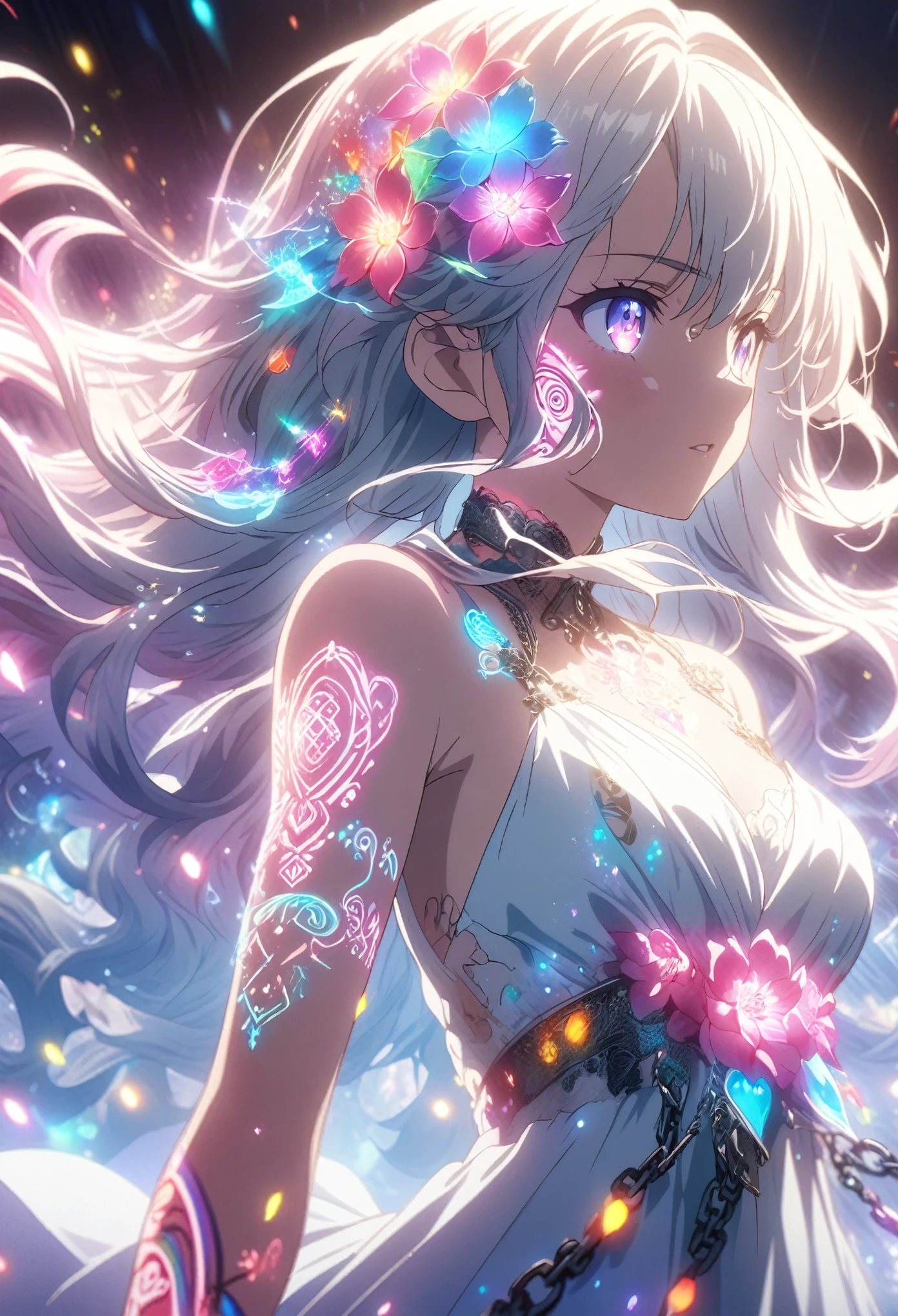 Anime screenshot, artistic illustration of a female anime character with glowing neon flower and chain tattoos decorated in spirals all over her body. The tattoo on the arm is mixed with white and red, rainbow and white light, emitting neon light. With flowing hair, this scene has a fantastic soft-focus effect, highlighting the magical glow of the tattoo. The background is a dark building.