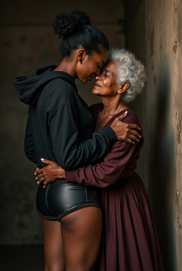 black woman hair in a bun black hoodie black leather short shorts a old grandma in a dress in between her legs kissing her pussy