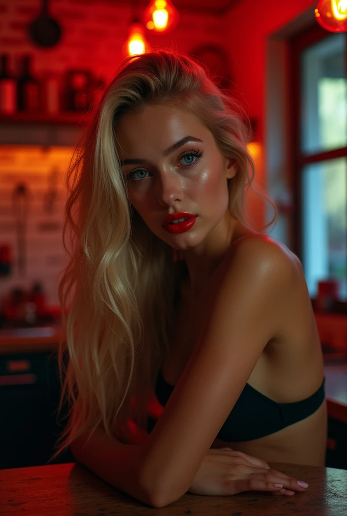 közeli portrait egy gyönyörű, 23-year-old girl with symmetrical attractive face, with long blond hair, with detailed blue eyes, nose and lips, in elegant clothes, with big breasts, dine in an art deco style restaurant, (best quality, 4k, 8k, high resolution,masterpiece:1.2) ,ultra-fast,(realistic,fotórealistic,fotórealistic:1.37),HdR,studio lighting,very detailed face and body,portrait,cinema lighting,dramatic lighting,warm color tones,dramatic colors