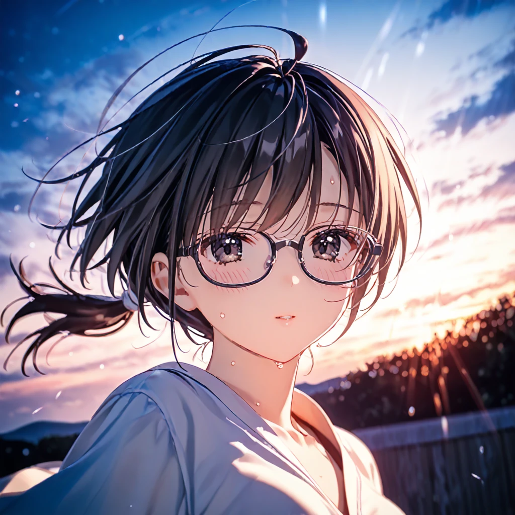 (by mitsumi misato:0.7),(by carnelian:0.3),(by kantoku:0.3), best quality, masterpiece, score_9,,,break,1girl, tomboy, glasses, short hair, low ponytail, medium breasts, black eyes,  beautiful detailed eyes,shorts, sweat, sleepily, outdoors, wind, (Detailed background), (Detailed Lighting),,break,(clear line illustration:1.2), super detailed skin,very high resolution, very aesthetic, Best sexual lighting powered by famous artist, 4k, 8k, 16k, 32k, cute picture,beauty illustration,photoshop_(medium),,(Detailed Lighting),best anime 8k konachan wallpaper, pixiv contest winner,