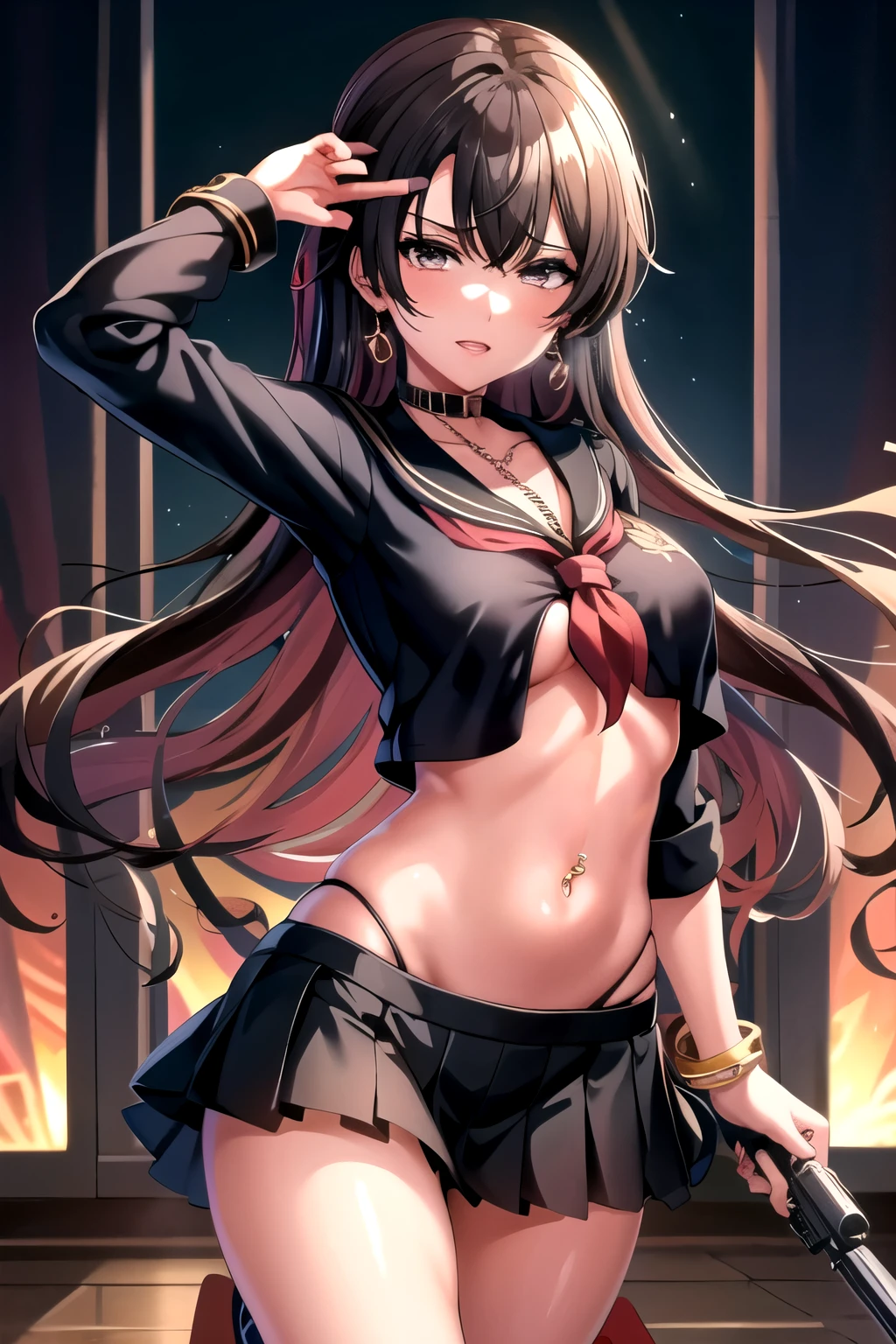 coashano, jewelry, earrings, parted lips, necklace, shiny hair, bracelet, makeup, long hair, medium breast , Hot girl, baddie, bad attitude, mean girl, crazy, smoking, sensual, attractive, blush, lipstick, masterpiece, best quality, highly detailed, a anime girls in sailor uniforms with a gun posing for a picture,
evil smile, smile, open mouth,black_serafuku, ecchi anime style, anime girls , (nsfw) not safe for work,
ecchi style, ecchi, shipgirls, digital anime art!!, high school girls, holding a gun, hold a gun, anime style 4
k, micro skirt, exposed belly, exposed navel, exposed midriff, holding pistol,underboob,
exposed lower belly,school, classroom, navel piercing