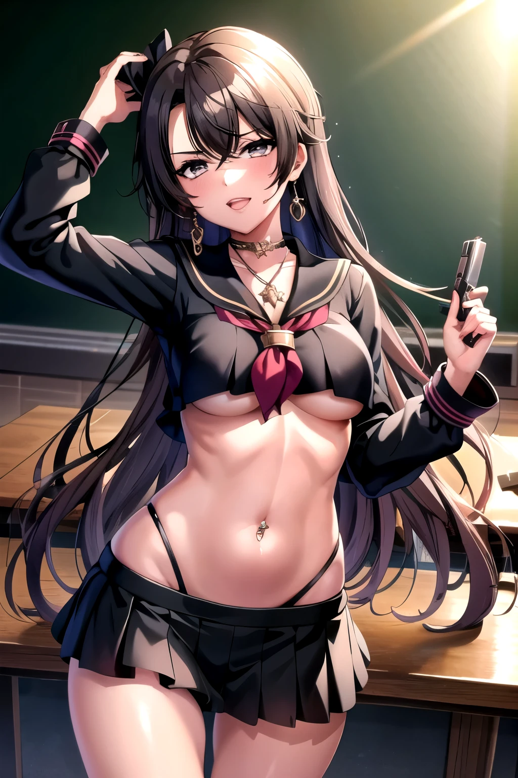 coashano, jewelry, earrings, parted lips, necklace, shiny hair, bracelet, makeup, long hair, medium breast , Hot girl, baddie, bad attitude, mean girl, crazy, smoking, sensual, attractive, blush, lipstick, masterpiece, best quality, highly detailed, a anime girls in sailor uniforms with a gun posing for a picture,
evil smile, smile, open mouth,black_serafuku, ecchi anime style, anime girls , (nsfw) not safe for work,
ecchi style, ecchi, shipgirls, digital anime art!!, high school girls, holding a gun, hold a gun, anime style 4
k, micro skirt, exposed belly, exposed navel, exposed midriff, holding pistol,underboob,
exposed lower belly,school, classroom, navel piercing