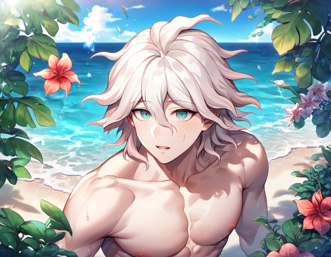 Ultra detailed, HDR, Highres, absurdres, master piece, Komaeda Nagito, white hair, expressive gray-green eyes, without shirt, bare chest, toned chest, Danganropa, sexy man, handsome, flowers, petals, fantasy, magical, green leaves, handsome, best quality, glittering, sensual, horny, water, beach, solo