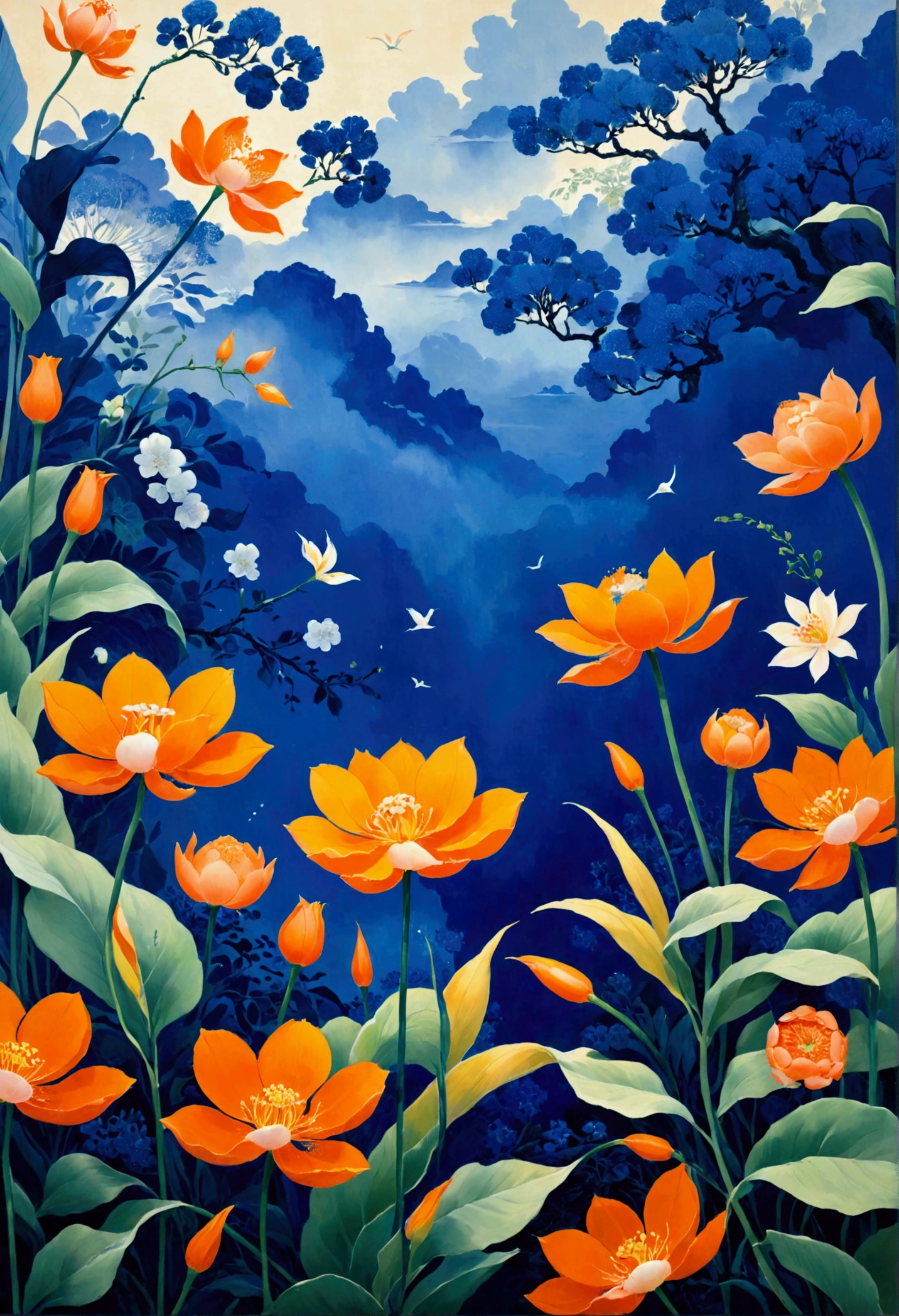 Bold and energetic, This image shows a series of fascinating geometric flowers，Rich blue color, tangerine, and. Each floral pattern is carefully depicted，带有纹理的花瓣and精致的中心, 添加深度and趣味性. Bright contrasting tones create a lively and vivid visual impact. 圆形and花卉图案的排列充满了整个画面, 确保饱满感and一致性. 整体氛围是欢快的创造力and充满活力的魅力, Make it a striking work of art.