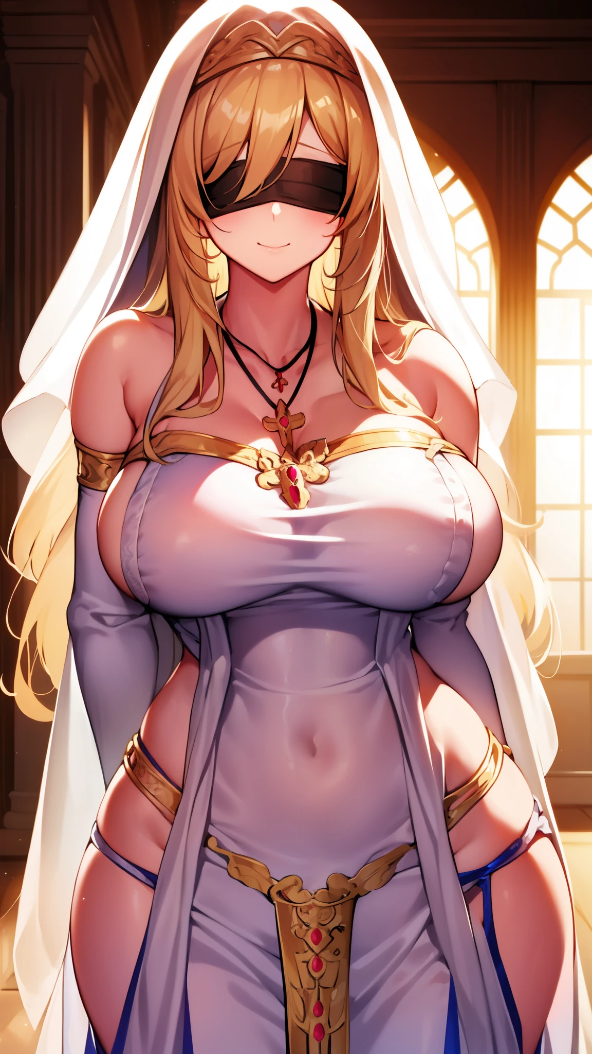 , smile, SwordMaidenNDV, 1girl, blonde hair, large breasts, long hair, white dress, black blindfold, necklace, habit,standing,narrow waist,bare shoulders, blonde hair, white dress, blush, bridal gauntlets, indoors, blindfold, long hair, jewelry, necklace, curtains, sideboob, closed mouth, standing, palace, castle, big room, column, ornaments, ((formal dress))