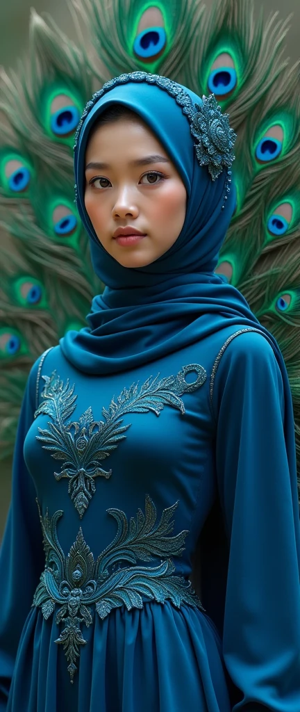 The beautiful Chinese asian adult girl with beautiful cheeks wears peacock lycra turtleneck unitard catsuit with large peacock tail and peacock lycra elastane stretchy dancewear inner hijab-like hood covered with peacock feather.She is happy.She always put real peacock eyeshadow makeup that are made of blue colour makeup pen.She acts a peacock.She is at Jungle.When she opens her tail beautiful.