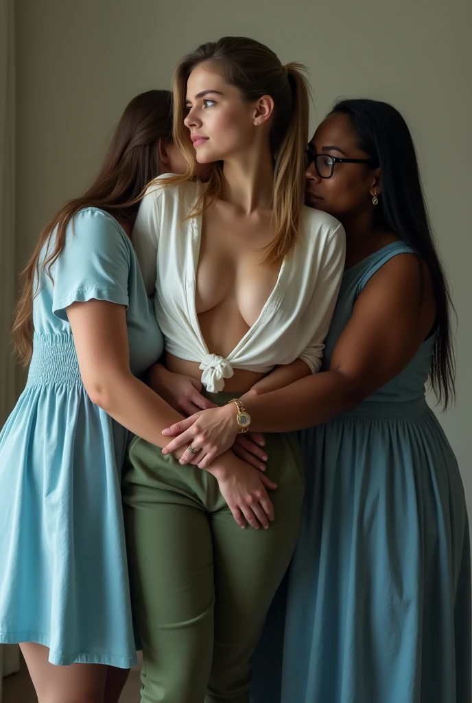 Create a photo of a 30 year old young woman, with long light brown hair with a lock of hair on her face, slender and beautiful body, wearing green sweatpants and an open white shirt without a bra with bare breasts, with white and clear skin, is facing the camera being hugged and lifted high into the air by an elderly black lady, dark-skinned, obese, did, lowrise, with short hair who is wearing a blue dress and glasses