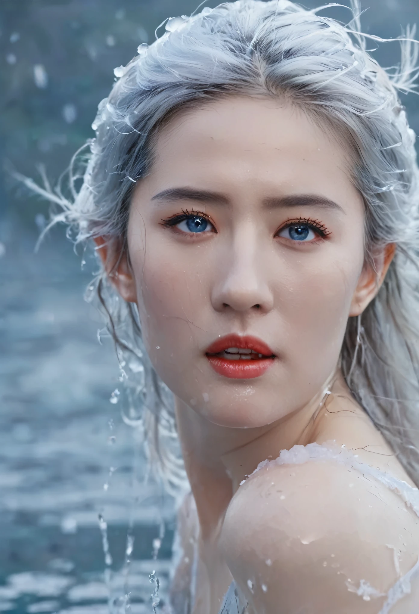 Seven part photos, masterpiece, best quality, Official Art, Extremely detailed CG 8k wallpaper,(Flying petals)(Detailed ice) ,  water晶质感皮肤, Cold expression, White hair, Long hair, Messy hair, blue eyes, Looking at the audience, Extremely refined, water,  ((Beautiful and delicate eyes)), Very detailed, Movie Lighting,((Pretty Face),fine water surface, (Original figure painting), Very detailed, Very detailed,  (Extremely refined), Beautiful and delicate eyes, 