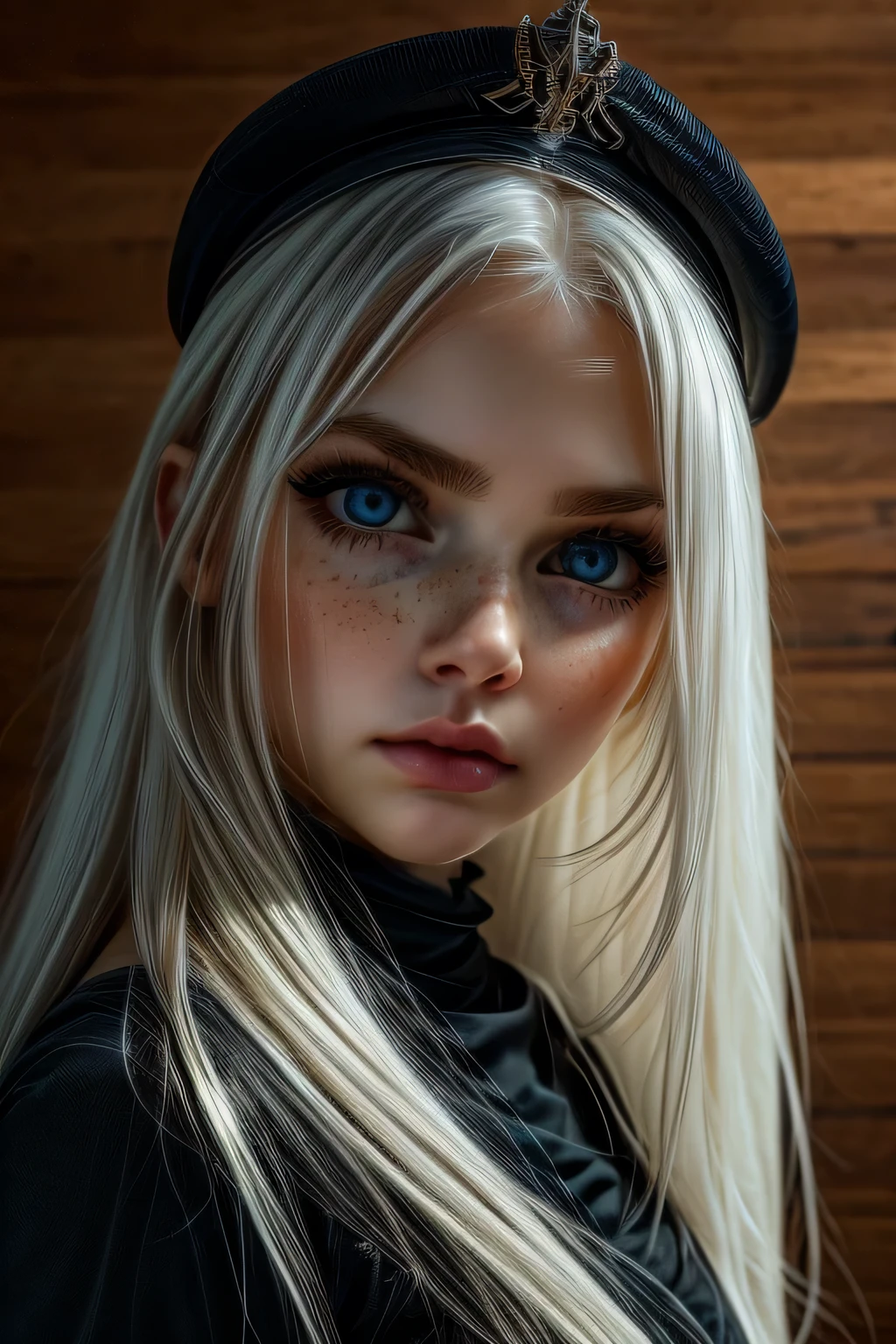 very beautiful woman, perfect face, long white hair, small sharp face, perfect big blue eyes, thin arched eyebrows, very thick and long eyelashes, close up face, freckles, small nose, black winged eyeliner, front view, looking at viewer, super white skin, russian soft small features