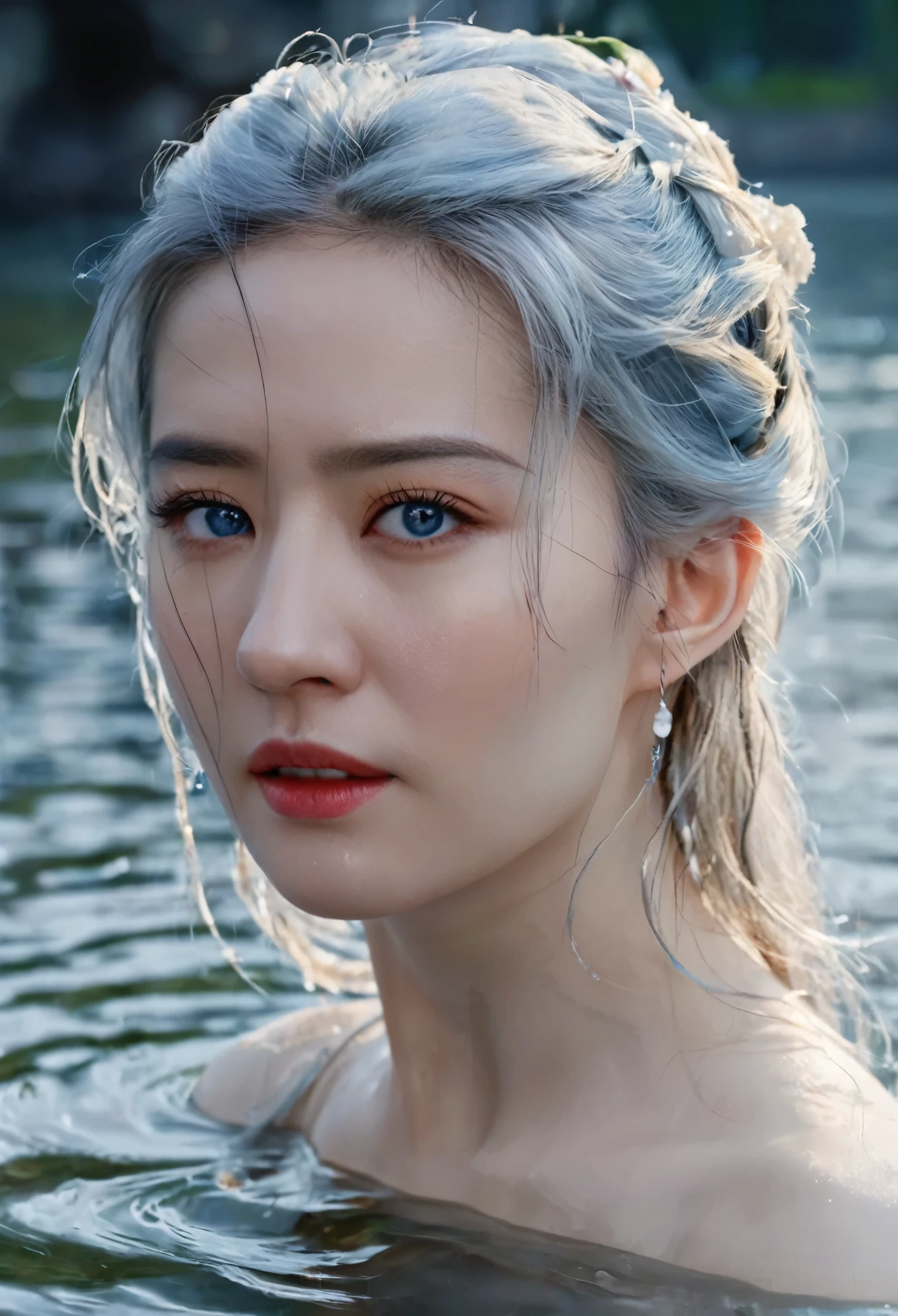 Seven part photos, masterpiece, best quality, Official Art, Extremely detailed CG 8k wallpaper,(Flying petals)(Detailed ice) ,  water晶质感皮肤, Cold expression, White hair, Long hair, Messy hair, blue eyes, Looking at the audience, Extremely refined, water,  ((Beautiful and delicate eyes)), Very detailed, Movie Lighting,((Pretty Face),fine water surface, (Original figure painting), Very detailed, Very detailed,  (Extremely refined), Beautiful and delicate eyes, 