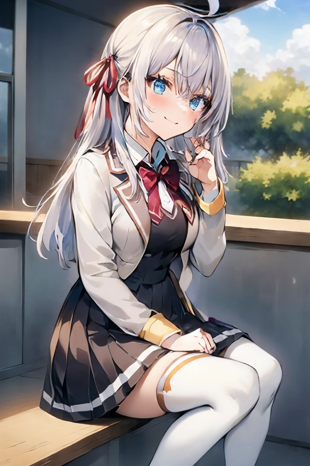 ((masterpiece)),(Highest quality),Official Art,Very delicate and beautiful,Extremely detailed CG,unity 8k wallpaper,Very detailed,Beautiful attention to detail,Very detailed顔,Outdoor,One Girl,alone、smile,(small:1.2),((Alisa Mikhailovna Kujo)),Ahoge,Long Hair,Grey Hair,Hair Intake,Hair Ribbon,Red ribbon,Side Lock,Hair between the eyes,bangs,blue eyes,,Grey jacket,Cropped jacket,blazer,Open jacket,Open clothes,Wing Color,Red bow tie,Collared shirt,White shirt,Mid-chest,Long sleeve,Double-breasted,Black Dress,Pleated dress,High Waist Skirt,zettai ryouiki,White knee socks,Black footwear,loafers,