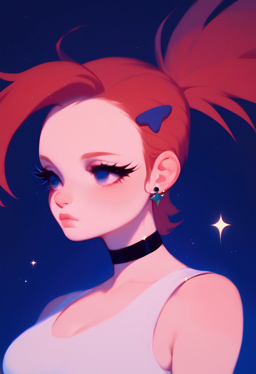 score_9, score_8_up, score_7_up, BREAK, 1girl, solo, breasts, frankiefoster, ponytail, hair ornament, earrings, black choker, dress, night sky, moon, night,, no horns, caucasian, light complexion, white, complexion, blur, pretty eyes, long eyelashes, no cats, twinkle, sparkle