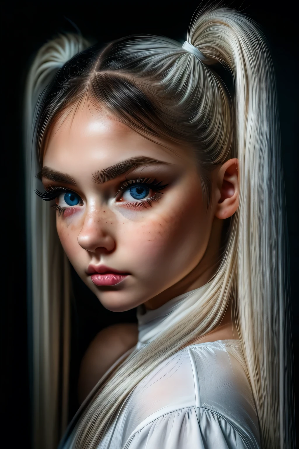 very beautiful woman, perfect face, long white hair in two pigtails, small sharp face, perfect big blue eyes, thin arched eyebrows, very thick and long eyelashes, close up face, freckles, small nose, black winged eyeliner, front view, looking at viewer, super white skin, russian soft small features