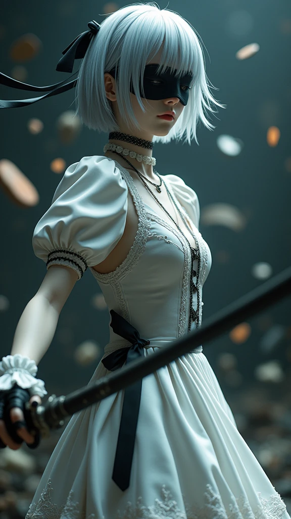 yorha 2b automaton, short silver hair with bangs and a black headband,blindfold, wearing a detailed white dress with puffed sleeves and lace trim, holding a sword, standing in a dynamic pose, looking off to the side, smooth skin, dark and dramatic background with floating debris, side lighting creating shadows and highlights, intense and action-packed atmosphere, medium angle shot, focused on the subject with a blurred background for depth, well-exposed.(yorha 2b automaton:1.6), (YoRHa No.2 Type B), Final Fantasy XIV, (Yoko Taro), 2B (Nier: Automata), 