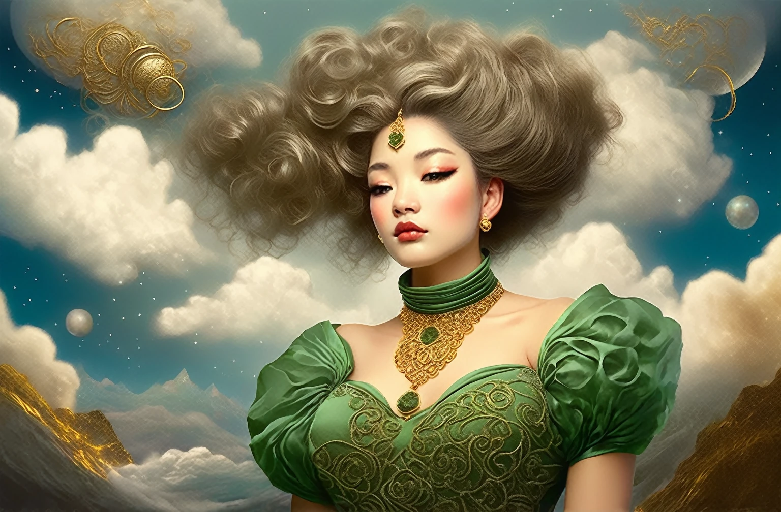 elegant pose, intricate updo hairstyle, elaborate green dress with detailed gold embroidery, vintage-inspired jewelry including a dangling necklace and earrings, mythical celestial background with stars, moon, and clouds, artistic and fantasy-themed atmosphere