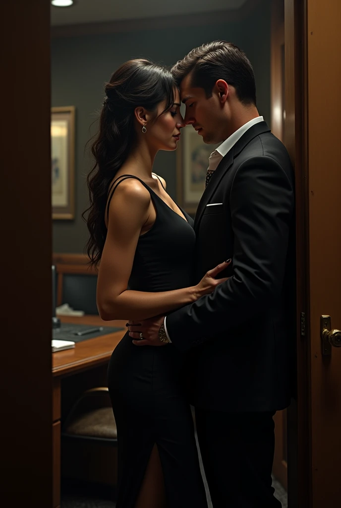 Hot Indian woman, sexy high slit dress, flirting  with tall, muscular, white 50 year old man infront of other man,office , cuckold 