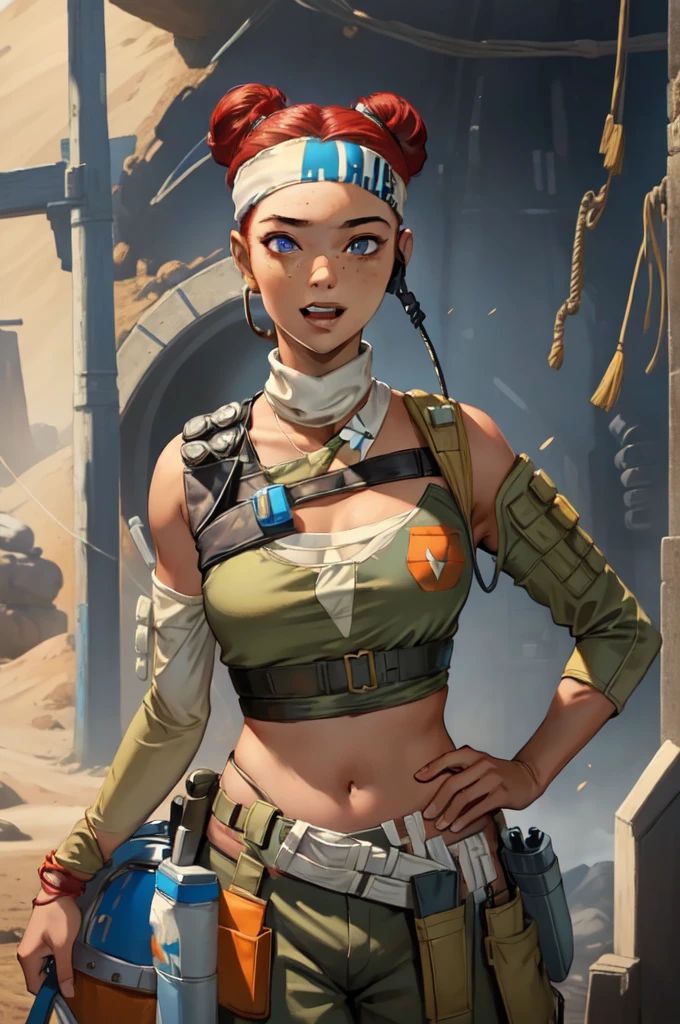 (masterpiece:1.4), (Highest quality:1.2), lifeline \(Apex Legends\), One girl, White skin woman, Crop top, Removable sleeves, head band, pants, Hair Bun, Mask around the neck, Redhead, headset, Upper Body, smile, blue eyes, Open your mouth, surprised, Arab band, Islamic style,(sexly),