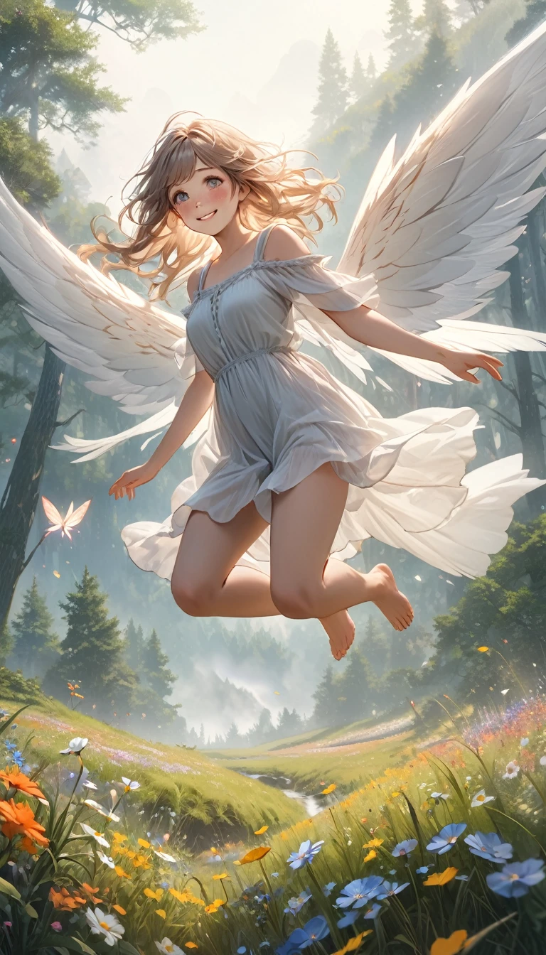 Angel with wings on his back:1.1,very cute female child:1.1,8 yo,1 bird,miku hatsune:1.5,Wet and see-through clothes:1.5,Playing by the river,Barefoot,Sweat, Summer,day,Flat-breasted,(4K), (Raw photo: 1.2), (Realism: 1.4), (masutepiece: 1.3), (exquisite detailing: 1.2), Delicate and beautiful details, (Eye Detail), (Facial Detailed), (Highest Quality) :1.4), (Hyper-Resolution: 1.2), (very detailed illustration), Best Quality,depth of fields, Wide light, natural shadows