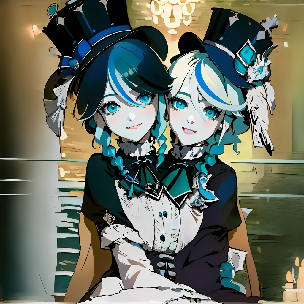 (masterpiece, best quality), best resolution, (2heads:1.5), 1girl, 1 boy, furina character, venti character, 2 heads on one body, Cute, smile, cool,insanely detailed eyes, ultra-detailed, finely detail, looking at viewer, beautiful background, ultra-detailed, highres,beautiful detailed eyes, teenage, high quality, , indoor, bedroom, sitting ,cinematic view, depth of field, expressive eyes, wide angle, furina girl, white hair, streaked hair, blue hair, blue eyes, top hat, venti guy, teal hair, braids, black hair, teal eyes, bard hat, venti and furina as conjoined twins,