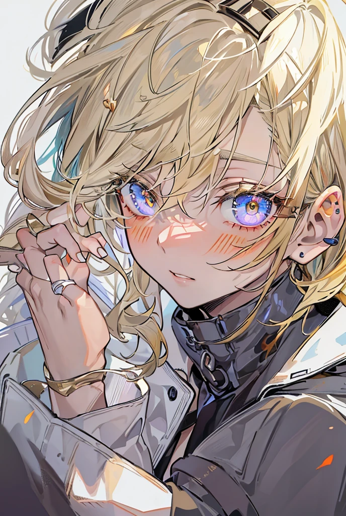 young boy, blonde hair, Bob hairstyle, blue eyes, black skintight clothes, Gold Chains, Cat's ears, Masterpiece, hiquality