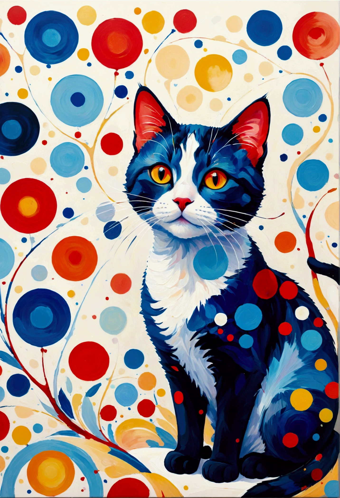 Colorful abstract painting of cat，An array of colorful circles featuring vibrant blue hues, , and red. Circles of various sizes overlap and interact to create animal patterns, Create dynamic patterns and movement. Background mainly white, Enhance the contrast and vividness of colors. The overall composition exudes a lively、Vibrant atmosphere, Through carefully arranged shapes and points，Adds depth and texture to artwork.