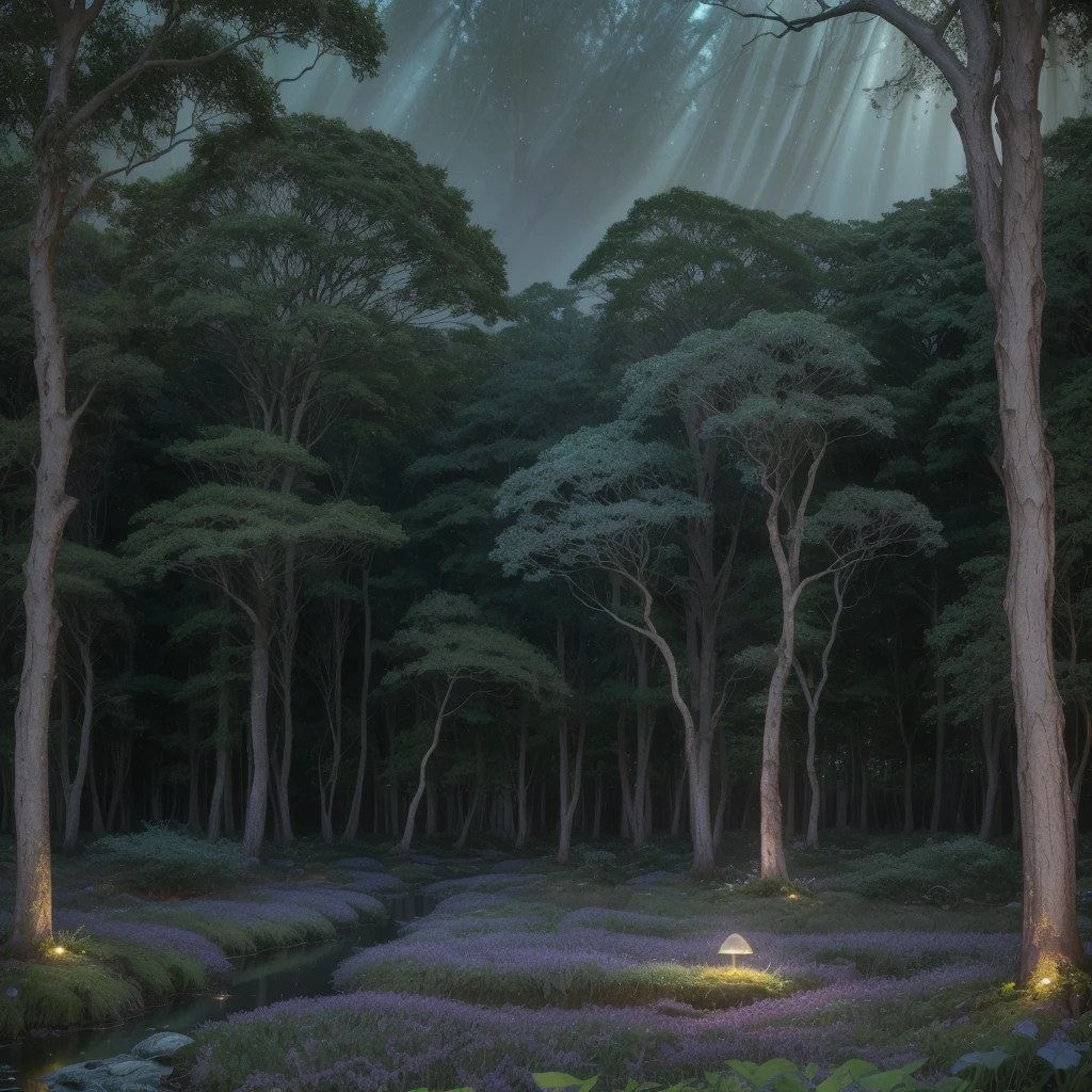 Create an enchanting fantasy forest bathed in the soft, ethereal glow of twilight. The towering trees have intricate, twisting branches that form natural arches and are draped in luminescent vines that emit a faint, magical light. The forest floor is carpeted with a thick layer of moss, dotted with vibrant, bioluminescent mushrooms in shades of blue and purple. Streams of sparkling water weave through the forest, reflecting the light from the glowing plants and casting a shimmering glow across the scene. In the distance, a majestic, ancient tree with a wide trunk stands as the heart of the forest, its roots sprawling out like a network of veins. The air is filled with tiny, glowing fireflies that dance around, creating a sense of wonder and magic. Add hints of mystical creatures, like the silhouette of a unicorn in the distance, or the faint outline of a fairy flitting between the branches.