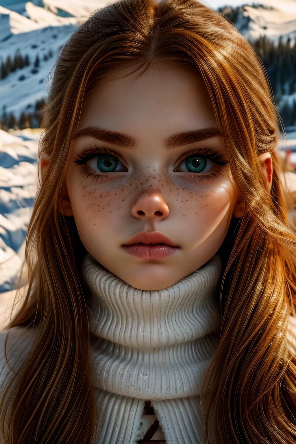 very beautiful woman, perfect face, long ginger hair, small sharp face, perfect big green eyes, thin arched eyebrows, very thick and long eyelashes, close up face, freckles, small nose, black winged eyeliner, front view, looking at viewer, super white skin, russian soft small features, in the snow 