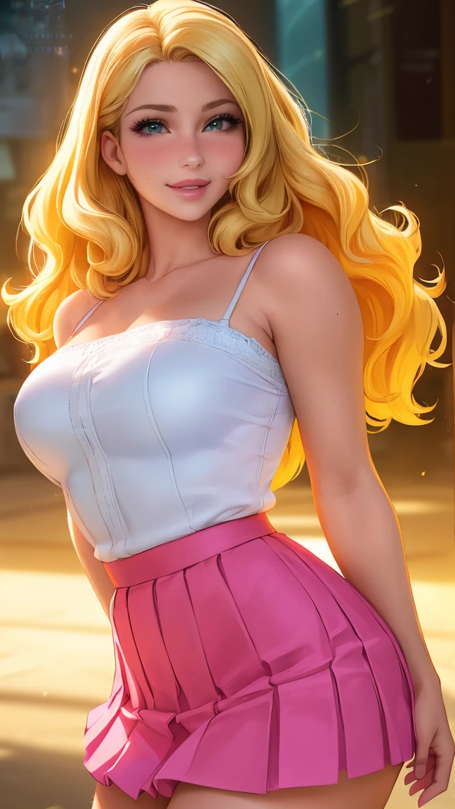 (best quality, ultra-detailed, photorealistic: 1.39), bright and vibrant colors, studio lighting, romantic expression, big breasts, pink lips, shy smile, just a blonde girl in a strap blouse, beautiful pleated skirt, wavy skirt