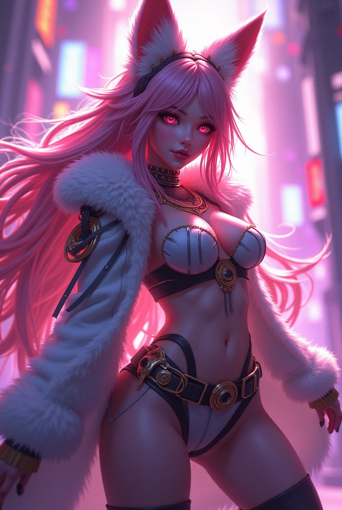 (masterpiece, best quality), 1lady, solo, masterpiece, artstation, dynamic, charming, magical, unreal engine, fantastically beautiful, illustration, dramatic lighting, rave background, neon glow, maximalist, ahri, nsfw,