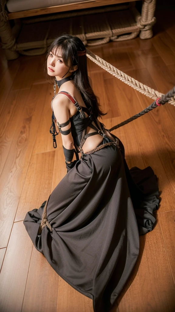   Japanese girl, (((very longhair girl))), (((floor length hair:1.5))), ((super longhair:1.5), very thick hair , longhair till floor, longhair about 7 meter, floor full with longhair,((BDSM)),((Hung by a rope:1.3))、((Tied Up:1.3)),   , Backlight, Looking back over shoulder, , Film Grain, (Eye and facial details:1.0),, bondage, collar,beautiful, , Hunchback、bangs, whole body、(BDSM:1.5),(rope Bondage:1.3),(Harness:1.5),(constrained:1.5),(woman&#39;Hands tied:1.3),,(Restraint device:1.3),(Tied up with rope),,(masochism:1.5),(eroticism),(Both armpits are visible:1.5),(Place your hands behind your back:1.5),(panties:1.3)