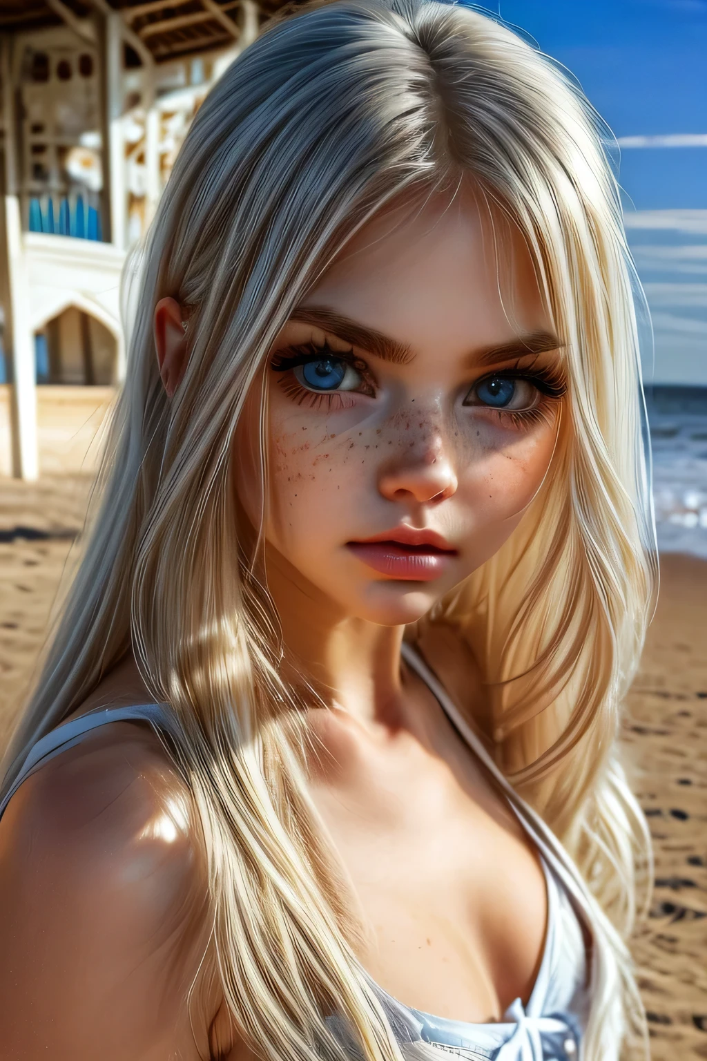 very beautiful woman, perfect face, long white hair, small sharp face, perfect big blue eyes, thin arched eyebrows, very thick and long eyelashes, close up face, freckles, small nose, black winged eyeliner, front view, looking at viewer, super white skin, russian soft small features, in the beach