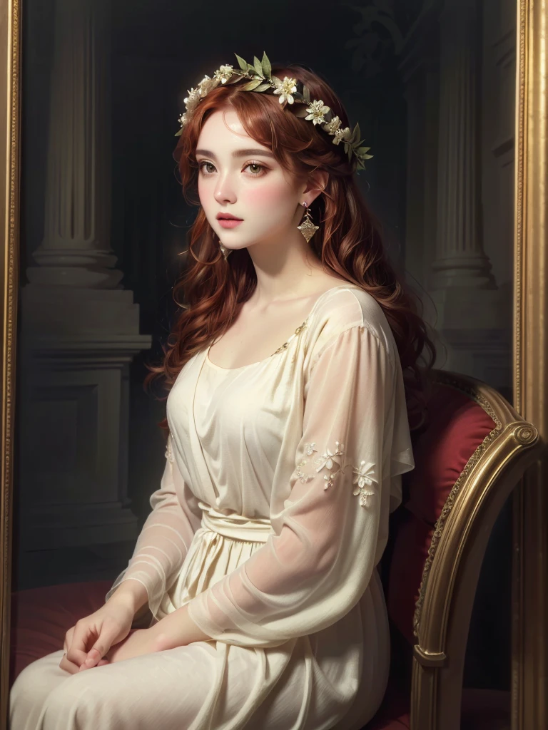 Curly red hair adorned with intricate hair accessories, including flowers and leaves. Wears a pair of elegant long earrings. Dressed in a soft, sheer fabric garment with delicate embroidery. The light source is from the front, creating a soft and warm atmosphere. The background is a dark, solid color, emphasizing the subject. The overall composition has a classical, timeless feeling.