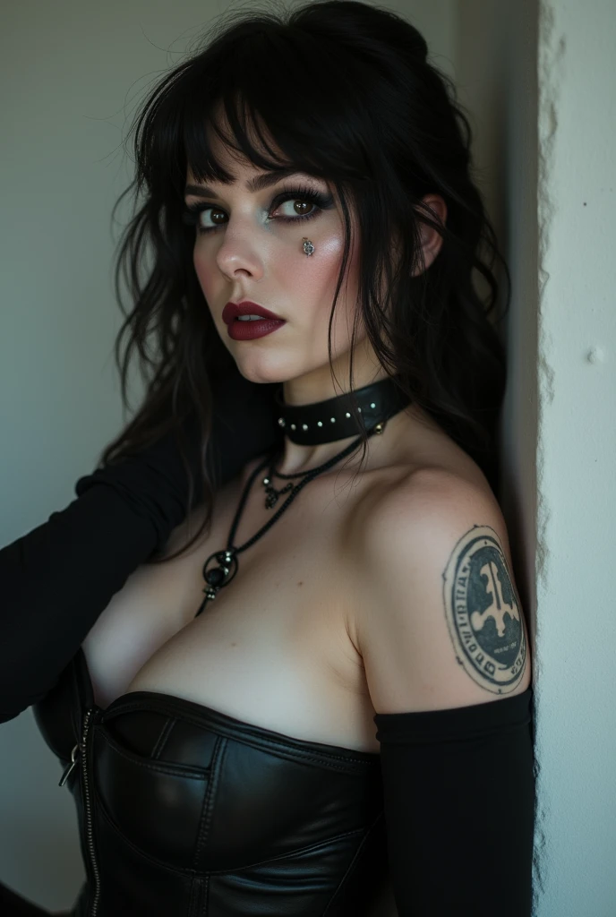 (Best Quality, 8k, 32k, Masterpiece, UHD:1.3), (Photo of Attractive Caucasian Gothic model Woman with tattoos), solo 1Girl as rvn, hotraven, Raven, heavy makeup , cape, choker,very pale skin,Ultra Detailed Face, Detailed Lips, Fine Eyes, black lipstick, Fine Eyes, double eyelids